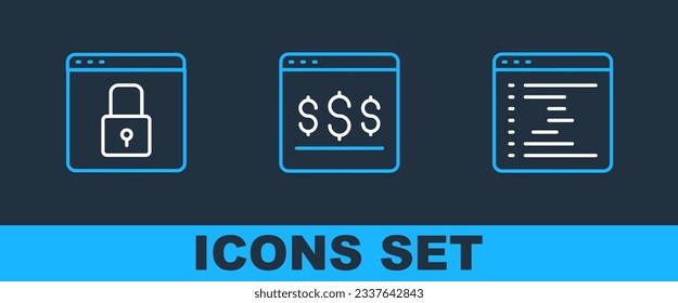 Set line Browser window, Secure your site with HTTPS, SSL and Online shopping on screen icon. Vector