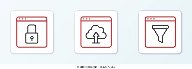 Set line Browser window, Secure your site with HTTPS, SSL and Cloud upload icon. Vector