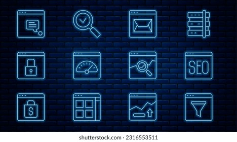 Set line Browser window, SEO optimization, Website and mail, Digital speed meter, Secure your with HTTPS, SSL, New chat messages notification, stocks market and Magnifying glass check icon. Vector