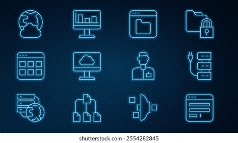 Set line Browser window, Server, files, Cloud technology data transfer, Social network, Analyst engineer and Monitor with graph chart icon. Vector