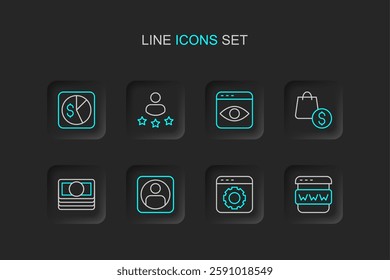 Set line Browser window, setting, Create account screen, Stacks paper money cash, shopping bag and dollar, Personal information collection, Consumer product rating and Market analysis icon. Vector
