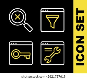 Set line Browser window, setting, Secure your site with HTTPS, SSL and Magnifying glass and delete icon. Vector