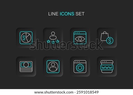 Set line Browser window, setting, Create account screen, Stacks paper money cash, shopping bag and dollar, Personal information collection, Consumer product rating and Market analysis icon. Vector