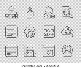 Set line Browser window, Social network, Cloud technology data transfer, Server, Data, Web Hosting, Computer, Broken file and Search cloud computing icon. Vector