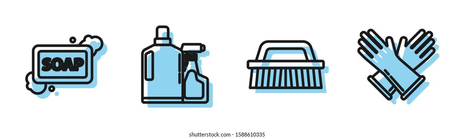 Set line Brush for cleaning , Bar of soap with foam , Plastic bottles for liquid dishwashing liquid and Rubber gloves  icon. Vector