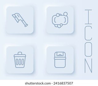 Fijar la línea Pincel para la limpieza, Barra de jabón, Basura y . Botón cuadrado blanco. Vector