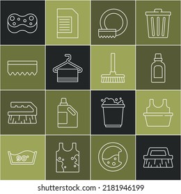 Fijar la línea Pincel para la limpieza, Cuenca con camisa, Agente de botella, Lavadoras, Toalla sobre colgador, Esponja y icono de la escoba de la manga. Vector
