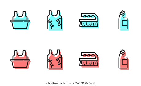Set line Brush for cleaning, Basin with shirt, Dirty t-shirt and Bottle agent icon. Vector