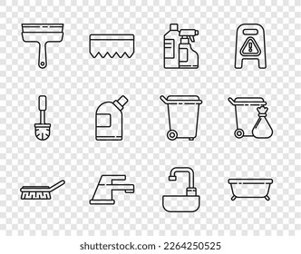 Set line Brush for cleaning, Bathtub, Bottles agent, Water tap, Rubber cleaner windows, Washbasin with water and Trash can and garbage bag icon. Vector