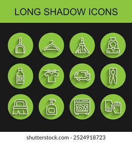 Set line Brush for cleaning, Bottle of liquid soap, Dustpan, Dishwasher machine, Rubber gloves, Drying clothes, Clothes pin and Garbage truck icon. Vector