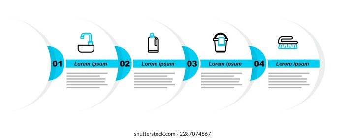 Set line Brush for cleaning, Bucket with rag, Fabric softener and Washbasin water tap icon. Vector