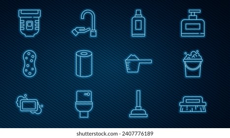 Set line Brush for cleaning, Bucket with soap suds, Bottle agent, Paper towel roll, Sponge, Epilator, Washing powder and hands icon. Vector