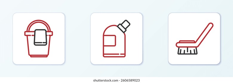 Set line Brush for cleaning, Bucket with rag and Bottles agent icon. Vector
