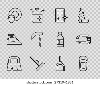 Set line Brush for cleaning, Bucket with rag, Cleaning service window, Mop, Washing dishes, Shower head, Dustpan and Garbage truck icon. Vector