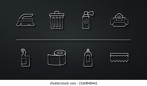 Set line Brush for cleaning, Dishwashing liquid bottle, Wet wipe pack, Toilet paper roll, Trash can, Sponge and Air freshener spray icon. Vector