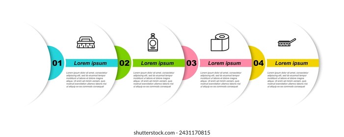 Set line Brush for cleaning, Hand sanitizer bottle, Toilet paper roll and . Business infographic template. Vector