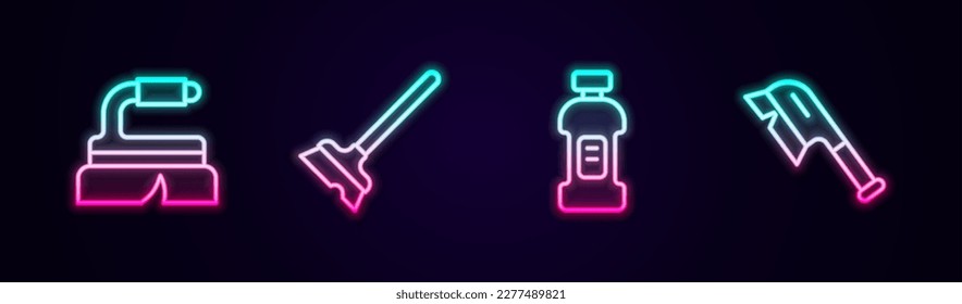 Fijar la línea Pincel para la limpieza, Mop, detergente de botella y . Icono de neón brillante. Vector