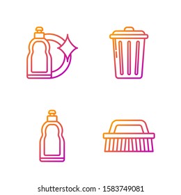 Set line Brush for cleaning , Plastic bottles for liquid dishwashing liquid, Plastic bottles for liquid dishwashing liquid and Trash can . Gradient color icons. Vector