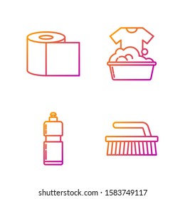 Set line Brush for cleaning , Plastic bottles for liquid dishwashing liquid, Toilet paper roll  and Plastic basin with soap suds . Gradient color icons. Vector