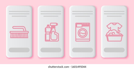 Set line Brush for cleaning , Plastic bottles for liquid dishwashing liquid, Washer  and Plastic basin with soap suds . White rectangle button. Vector