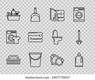 Set line Brush for cleaning, Plastic bottles liquid dishwashing liquid, Electric iron and towel, Bucket, Towel stack, Washing dishes and Toilet brush icon. Vector