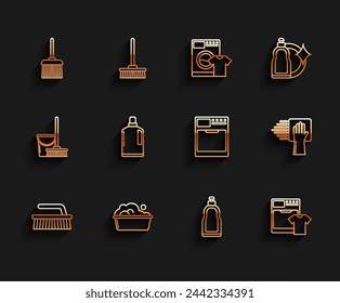 Set line Brush for cleaning, Plastic basin with soap suds, Handle broom, bottles liquid dishwashing liquid, Washer t-shirt, Cleaning service and  icon. Vector