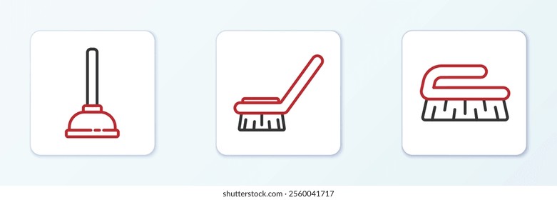 Set line Brush for cleaning, Rubber plunger and  icon. Vector