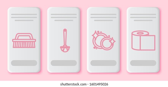 Set line Brush for cleaning , Toilet brush , Washing dishes  and Toilet paper roll . White rectangle button. Vector