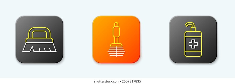 Set line Brush for cleaning, Toilet brush and Hand sanitizer bottle icon. Vector