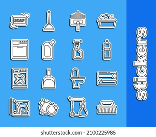 Set line Brush for cleaning, Towel stack, Plastic bottles liquid dishwashing liquid, Vacuum cleaner, Washer, Bar of soap with foam and Cleaning spray detergent icon. Vector