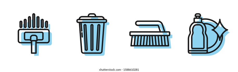 Set line Brush for cleaning , Vacuum cleaner, Trash can  and Plastic bottles for liquid dishwashing liquid icon. Vector