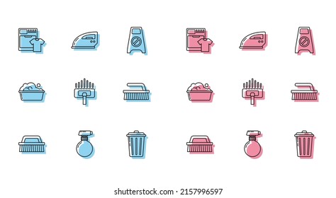Set line Brush for cleaning, Washer and t-shirt, Trash can, Vacuum cleaner, Plastic basin with soap suds and Electric iron icon. Vector
