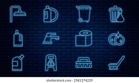 Set line Brush for cleaning, Washing dishes, Trash can, Water tap, Fabric softener, Shower head, Toilet paper roll and Dishwashing liquid bottle and plate icon. Vector