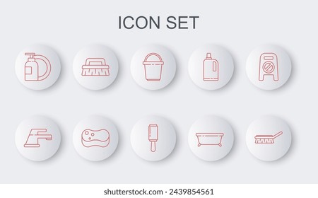Set line Brush for cleaning, Water tap, Bucket, Bathtub, Dishwashing liquid bottle and plate, Sponge and Adhesive roller icon. Vector