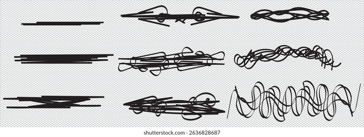 Set of line brush marker, pen, pencil stroke grunge vector. Line brush marker scribble sketch underline. Hand drawn doodle pencil scratch mark. Black pen hand drawn  EPS 10