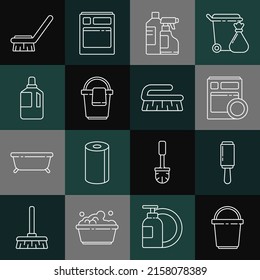 Set line Bucket, Adhesive roller, Kitchen dishwasher machine, Bottles for cleaning agent, with rag, Fabric softener, Brush and  icon. Vector