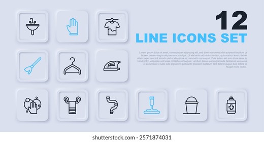 Set line Bucket, Antibacterial soap, Hanger wardrobe, Rubber cleaner for windows, Handle broom, Towel on hanger, gloves and Industry metallic pipe icon. Vector