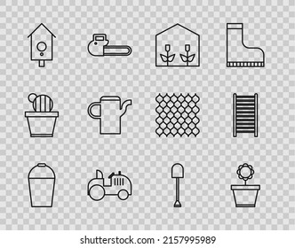 Set line Bucket, Flower in pot, Home greenhouse and plants, Tractor, Retro wall watch, Watering can, Shovel and Wooden staircase icon. Vector