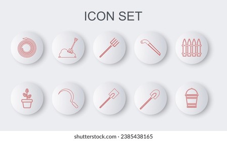 Set line Bucket, Flowers in pot, Garden pitchfork, shovel, hose fire hose, Shovel the ground, Sickle and  icon. Vector