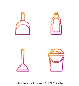 Set line Bucket with foam and bubbles , Toilet plunger, Dustpan  and Plastic bottles for liquid dishwashing liquid. Gradient color icons. Vector