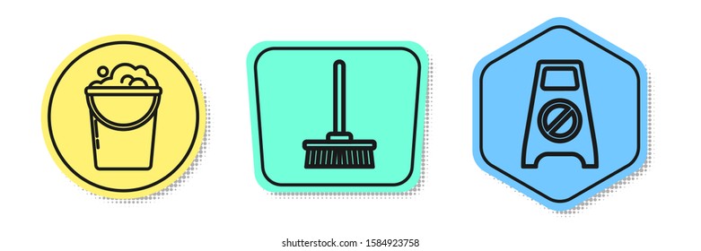 Set line Bucket with foam and bubbles , Mop  and Wet floor and cleaning in progress . Colored shapes. Vector