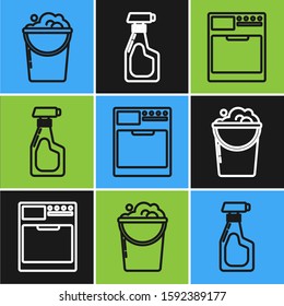 Set line Bucket with foam and bubbles , Washer  and Cleaning spray bottle with detergent liquid  icon. Vector