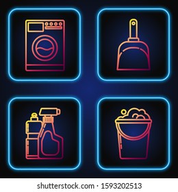 Set line Bucket with foam and bubbles , Plastic bottles for liquid dishwashing liquid, Washer  and Dustpan . Gradient color icons. Vector