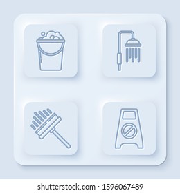 Set line Bucket with foam and bubbles , Shower head with water drops flowing , Squeegee, scraper, wiper and Wet floor and cleaning in progress . White square button. Vector