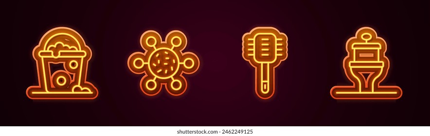 Set line Bucket with foam and bubbles, Bacteria, Toilet brush and bowl. Glowing neon icon. Vector