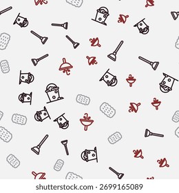 Set linha Balde com espuma e bolhas, êmbolo de borracha, esponja e lavatório em padrão sem costura. Vetor