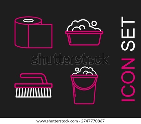 Set line Bucket with foam and bubbles, Brush for cleaning, Plastic basin soap suds and Toilet paper roll icon. Vector
