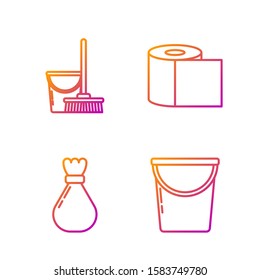 Set line Bucket , Garbage bag , Mop and bucket  and Toilet paper roll . Gradient color icons. Vector