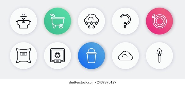 Set line Bucket, Garden hose, Pack full of seeds, Cloudy weather, Sickle, with rain, Shovel and Colorado beetle icon. Vector