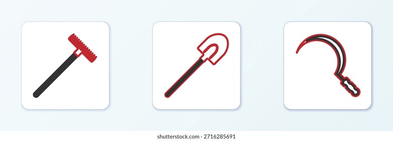 Cubo de la línea del sistema, rastrillo del jardín y icono de la pala. Vector